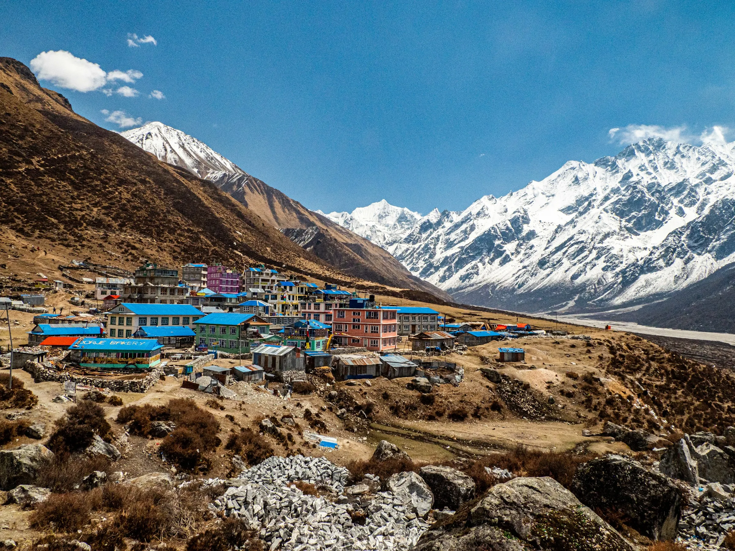 Kyanjin Gompa village in the Langtang valley, beneath snow peaks